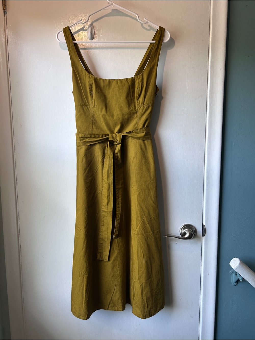 Banana Republic Olive Chartreuse Midi Dress with Square Neck and Waist Tie